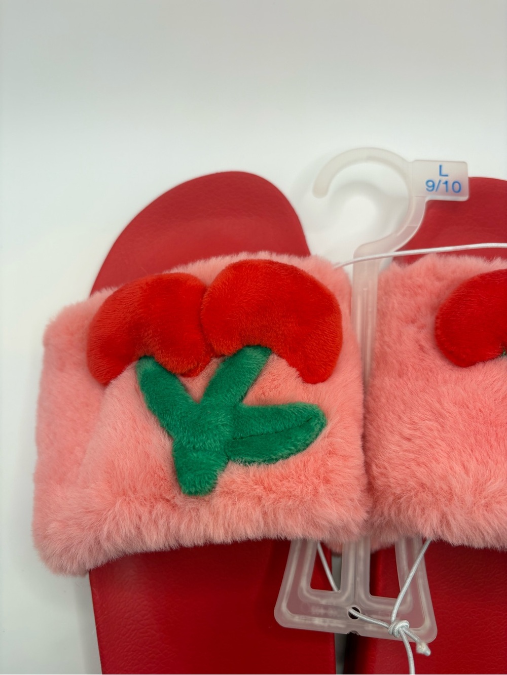 Auden Pink Red Cherry Fuzzy Slides Sandals Slippers NWT Large 9/10 - Picture 2 of 6